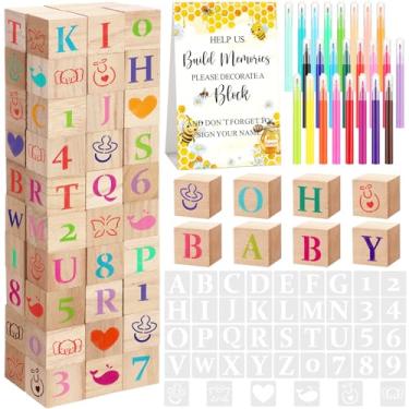 Imagem de Wonderjune 147 Pcs Baby Shower Blocks to Decorate Games Sets, Decorate a Block Game 80 DIY Blank Wooden Block 42 Stencils 24 Marker for Gender Reveal Baby Shower Games Prize(Honeybee)
