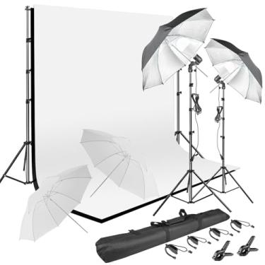 Imagem de Kit de iluminação contínua para guarda-chuvas fotográficos, 2 x 3 m, refletor de guarda-chuva branco e preto, suporte de fundo cromado com kit de luz de guarda-chuva de 400 W 5500 K para fotografia e