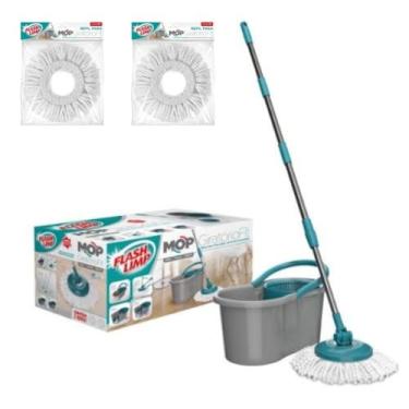 Imagem de Mop Giratório com Balde e 2 Refils Extras, Kit Completo de Limpeza, Cinza e Turquesa