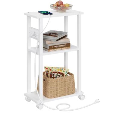 Imagem de TUTOTAK Mesa lateral pequena e estreita com estação de carregamento, mesa de canto fina para espaços pequenos, mesa de cabeceira fina com portas USB e tomada, sofá ao lado da mesa com rodas, branca