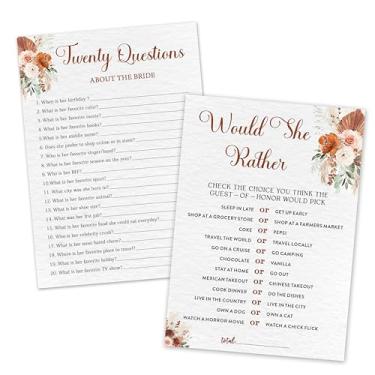 Imagem de 30 cartas de jogo Boho Bridal Shower - Would She Rather & Twenty Questions About The Bride - Casamento floral frente e verso, jogo de festa de noivado para recém-casados - lembrancinhas e decoração de