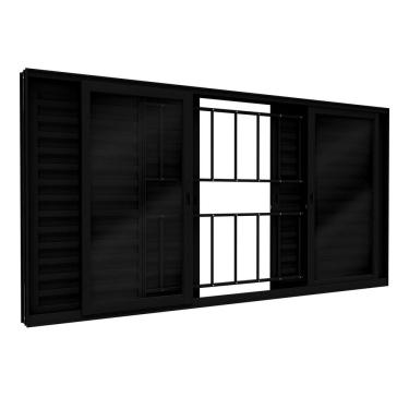 Imagem de Janela Veneziana de Alumínio 6 Folhas com Grade e Fecho Embutido 100x150cm Lucasa Eccellente Preto