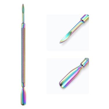 Imagem de KAZIPOP Empurrador de cutícula de unha de cabeça dupla de aço inoxidável limpador de cutículas em gel descascador de esmalte raspador 2 em 1 aparador de cutículas de metal camaleão empurrador de
