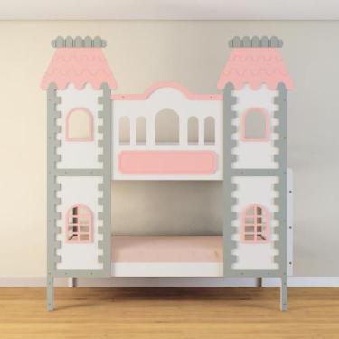 Imagem de Beliche Castelo Encantado - Madeira Maciça Branco/Cinza/Rosa  Housin