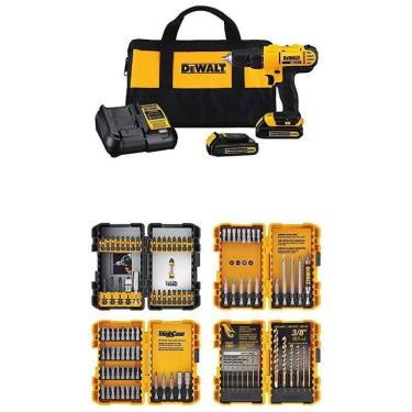Imagem de Kit Furadeira e Parafusadeira com Conjunto de Chaves de Fenda 100 Peças, DCD771C2 e DWA2FTS100, DEWALT, Amarelo