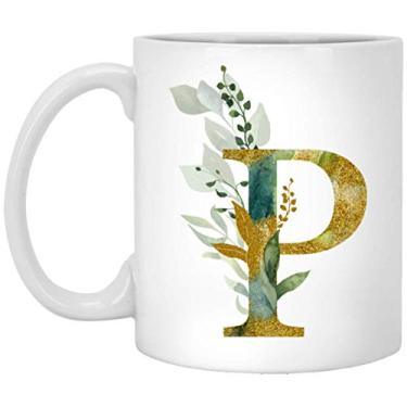 Imagem de Caneca de café com letra P gráfica Alpha/P - Xícara de chá com monograma do alfabeto floral com brilho dourado para seu aniversário, Natal, Dia das Mães - 325 ml