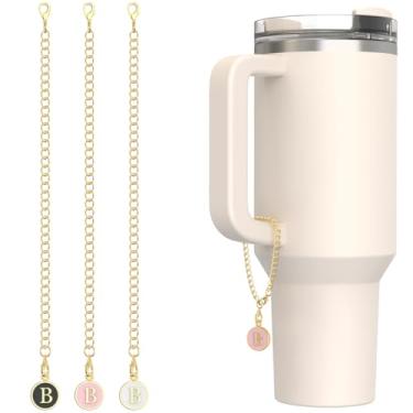 Imagem de Pacote com 3 acessórios para copo Stanley Tumbler, pingente de alça personalizada com nome inicial para copo moderno, branco, preto, rosa, letra B
