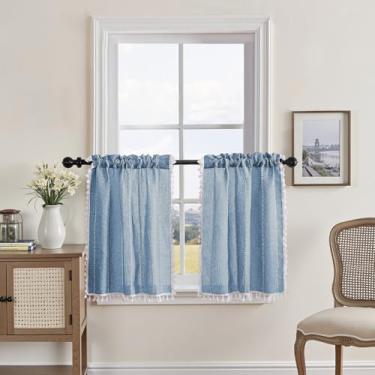 Imagem de BTTN Cortinas Cafe Kitchen sobre a pia, 91 cm de comprimento, 2 painéis, borlas listradas de linho com filtragem de luz boêmia curta para janelas pequenas, cortina de fazenda chique country boêmia de