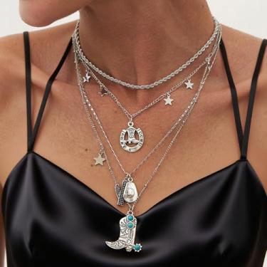 Imagem de Colares Boho em camadas para mulheres, bota, moeda, colar, empilhável, turquesa, joia ocidental, One Size, Aço inoxidável, Sem Pedra Preciosa