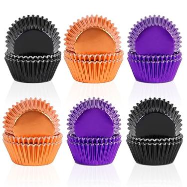 Imagem de Forros de cupcake de Halloween com 180 peças – laranja, roxo, preto – embalagens de papel descartáveis para muffins, festa de aniversário