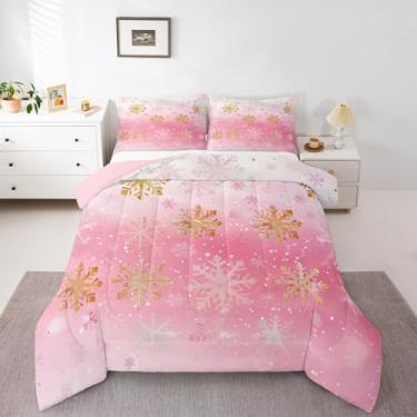 Imagem de Feelyou Conjunto de edredom de Natal, rosa, tamanho solteiro, floco de neve, com efeitos ombré, para meninos e meninas, adolescentes, Natal, inverno, férias, edredom para decoração de quarto