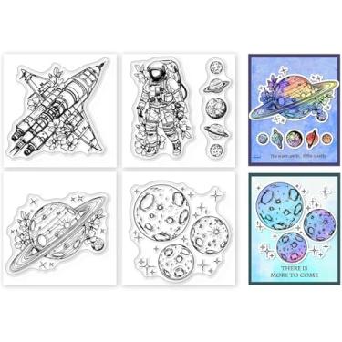 Imagem de 4 carimbos transparentes de mini planetas espaciais para álbuns de recortes, selos de silicone, astronautas, selos transparentes para fazer cartões, álbum de fotos, diário, decoração de casa, 5,6 x