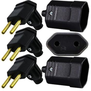 Imagem de 3 Plug Plugue Macho 2 Pinos 90 Graus + 3 Tomada Femea 10a Preto Margir