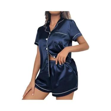 Imagem de Conjunto de Pijama Feminino de Cetim - Shorts e Camisola com Botões - 