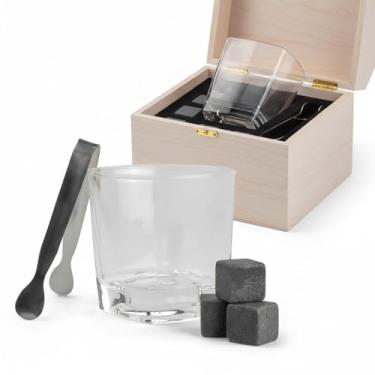 Imagem de Copo Whisky + 3 Cubos Pedra-Sabão + Pegador Inox c/Caixa Madeira | Kit Presente