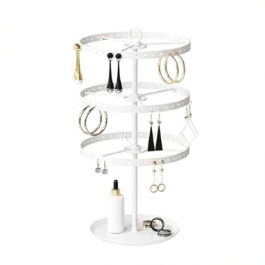 Imagem de KunGe Suporte organizador de brincos giratório de metal de 3 níveis, árvore de exibição ajustável, suporte grande de carrossel de 126 furos para argola perfurada pendurada para mulheres e meninas
