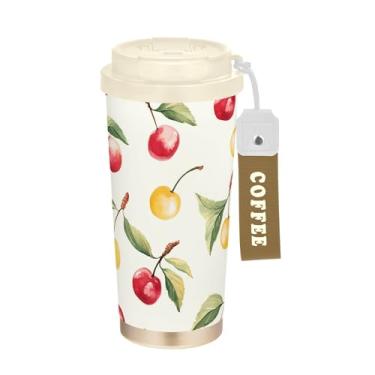 Imagem de SEHANY Caneca de viagem de cereja fofa de 482 g Copos de café reutilizáveis revestidos de cerâmica com tampa à prova de vazamento, parede dupla, isolamento a vácuo, copo de café de aço inoxidável para