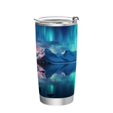 Imagem de Blueangle Copo de 590 ml com tampa e canudo, copo de café com água isolada a vácuo de aço inoxidável, caneca de viagem Aurora Boreal de inverno, copo térmico para bebidas quentes e frias (215)