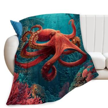 Imagem de Cobertor de polvo do oceano, coral, vida marinha, animais, presentes para meninas, meninos, crianças, amantes de polvo, macio, aconchegante, de pelúcia para sofá, cama, 127 x 101 cm