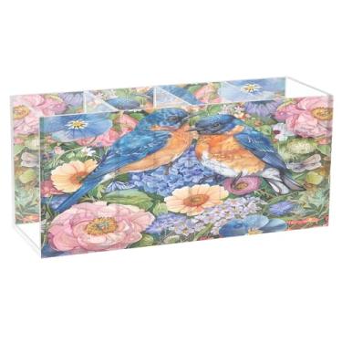 Imagem de SEHANY Lindo porta-canetas de acrílico com flores em aquarela, pássaro, 4 compartimentos, porta-lápis transparente, organizador de pincéis de maquiagem, organizador de papelaria para escritório, casa