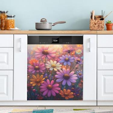 Imagem de ATTX Capa de ímã para máquina de lavar louça pintura margaridas, 58,4 cm C x 66 cm A decoração da capa da máquina de lavar louça, decalques de armário doméstico eletrodomésticos adesivos #7