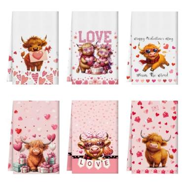Imagem de Gilprop 6 peças de toalhas de vaca Highland 35,5 x 53,8 cm, dia dos namorados, padrão de amor, toalhas de mão decorativas para amantes de vaca das terras altas, prato de cozinha, toalha de banho, dia