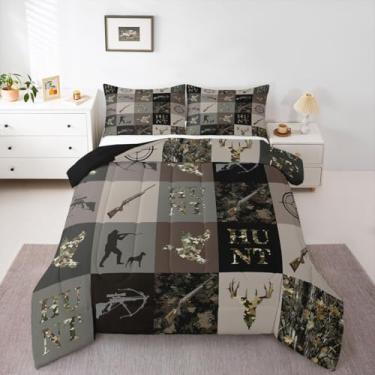 Imagem de Feelyou Jogo de cama queen camuflado de caça de pato para meninos, crianças e adolescentes, verde veado, camuflagem, casa de fazenda, edredom rústico, vida selvagem, com 1 edredom e 2 fronhas