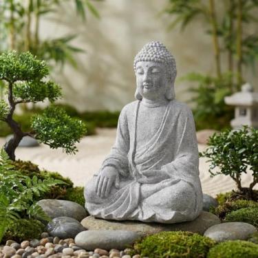 Imagem de JXNCJXZG Estátua de Buda para ambientes externos e internos 49 cm tamanho grande Buda Zen decoração sentado meditando estátua de Buda para quintal jardim pátio deck casa, Buda de perna única