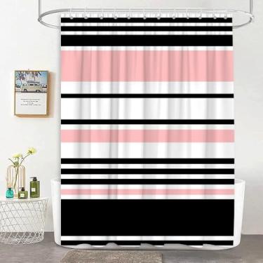 Imagem de JEJOMEAG Cortina de chuveiro listrada preta e rosa moderna abstrata minimalista tecido listrado horizontal cortina decoração de banheiro com ganchos, 70x70A