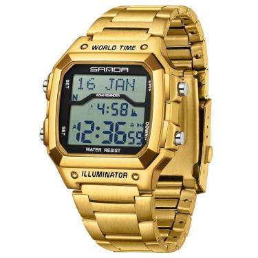 Imagem de Relógio À Prova D `Água Cronômetro Alarme Data Pulseira Dourada
