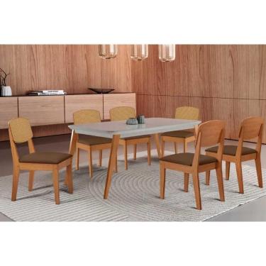 Imagem de Sala Jantar Mesa Havana Tampo c/ Vidro Curvo 180cm+6 Cadeiras Havana Naturale/Off White - Suede Marrom - Rufato