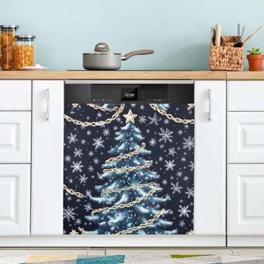 Imagem de xigua Capa de ímã de lava-louças de árvore de Natal azul, adesivos magnéticos decorativos antiarranhões para painel de geladeira e lava-louças, decoração personalizada de cozinha doméstica 58 x 66 cm