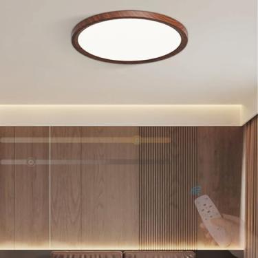 Imagem de GZZBMY LED Lâmpada de teto regulável redonda acrílica iluminação de teto com controle remoto moderno vintage lâmpada de teto para cozinha sala de estar quarto infantil 3000 K-6500 K (madeira escura