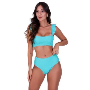 Imagem de Biquini Sem Bojo Cropped e Calcinha Alta Tendência Alça Babado Verão -