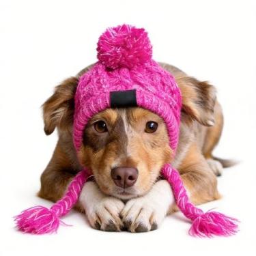 Imagem de Gorro de malha de lã para cães com abas de orelha gato forrado com lã quente para animais de estimação de inverno à prova de vento acessório elegante para caminhadas diárias sessões de fotos (rosa
