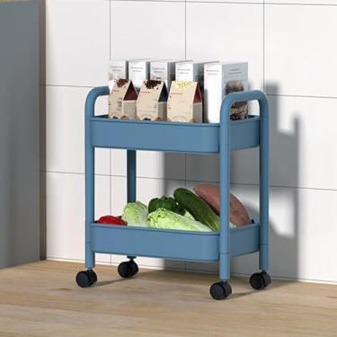 Imagem de Carrinho de armazenamento de 2 camadas azul - Carrinho organizador de cozinha e banheiro com alça, rodas bloqueáveis, perfeito para espaços pequenos, carrinho utilitário para uso doméstico e