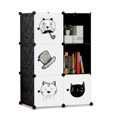 Imagem de Guarda-roupa Infantil Modular Decorativo Com Estampa De Gatos Que Organiza Roupas Brinquedos E Livros Em 6 Nichos