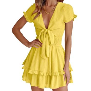 Imagem de Vestido PRETTYGARDEN Mini Amarelo com Decote V, Manga Curta e Camadas
