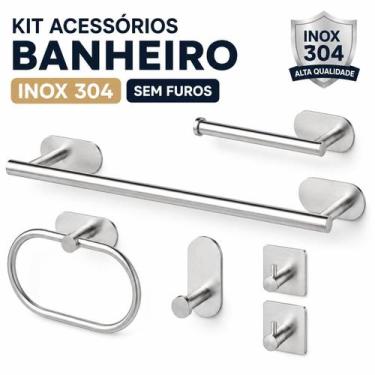 Imagem de Kit Acessórios Banheiro Inox 6 Peças Sem Furo Fixação Adesiva 3M Porta