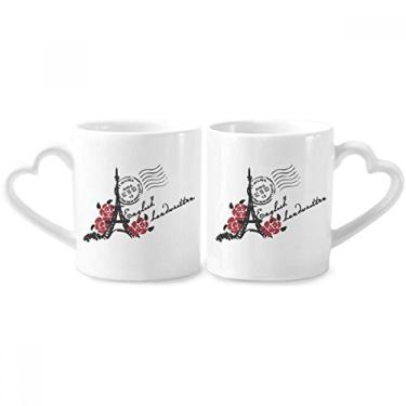 Imagem de Torre Eiffel Roses França Paris Estilo Carimbo Conjunto de canecas de Porcelana Casal Copo Amante de Cerâmica Alça de Coração