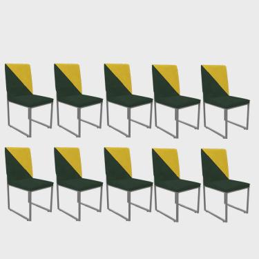 Imagem de Kit 10 Cadeira Office Stan Duo Sala de Jantar Industrial Ferro Cinza Suede Verde e Amarelo - Ahazzo Móveis