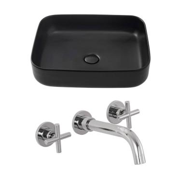 Imagem de Kit Cuba para Banheiro Retangular Slim Cerâmica Fluorita e Torneira Duplo Comando de Parede Cariús - Preto e Prata