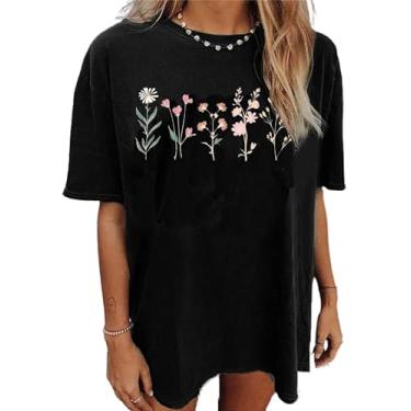 Imagem de Camiseta feminina floral de grandes dimensões com estampa inspiradora flores e plantas, Preto e, P