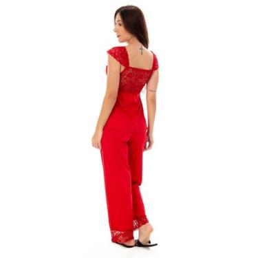 Imagem de Pijama Feminino Vermelho Com Manga Curta de Renda Sem Bojo - Empório L