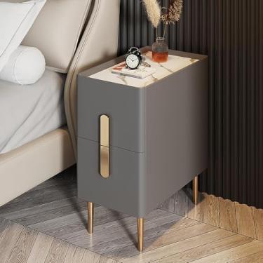 Imagem de Mesa de cabeceira fina com 2 gavetas, mesa de cabeceira de couro sintético moderna e minimalista com pernas de metal, armário de cabeceira para espaços estreitos nos quartos, cinza 2, 35 x 40 x 50 cm
