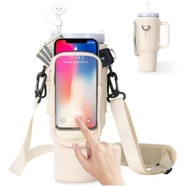 Imagem de Ohwekit Bolsa de transporte para garrafa de água com tela sensível ao toque transparente para celular Stanley 40/850.5 g Tumbler Neoprene bolsa suporte para garrafa de água com alça ajustável Bollus