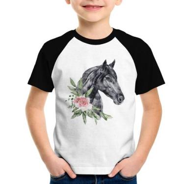 Imagem de Camiseta Raglan Infantil Cavalo e Flores - Foca na Moda, Branco, Preto