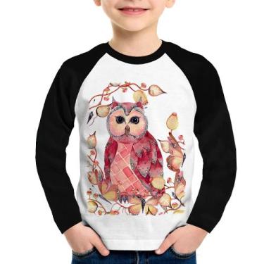 Imagem de Camiseta Raglan Infantil Coruja e Folhas Manga Longa - Foca na Moda, B