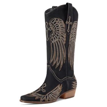 Imagem de RONILURN Botas femininas cano alto cowboy cowgirl botas ocidentais altas bico quadrado salto grosso retrô vestido feminino confortável bordado bota, Preto, 37