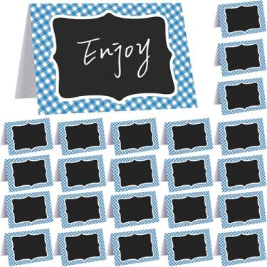 Imagem de TaoBary 24 peças de decoração de festa de piquenique azul guingão 10 x 15 cm cartão de barraca de festa com tema italiano, mini quadro negro para piquenique, churrasco, mesa de chá de bebê, número de